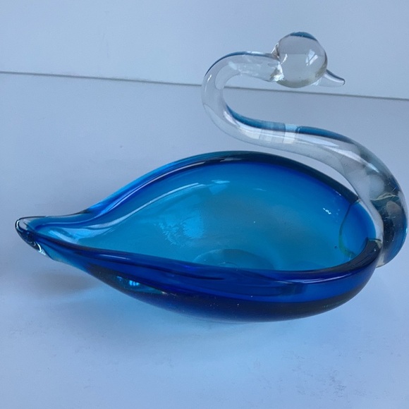 Blue art glass swan clear glass neck and head candy trinket dish Duncan Miller? - Picture 4 of 15